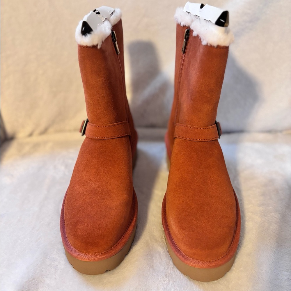 Koolaburra Orange Suede Shearling Mid-Calf Boots with Buckle NEW - Picture 2 of 9